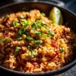 Close-up of fluffy Mexican rice recipe, featuring corn kernels and chopped green onions.