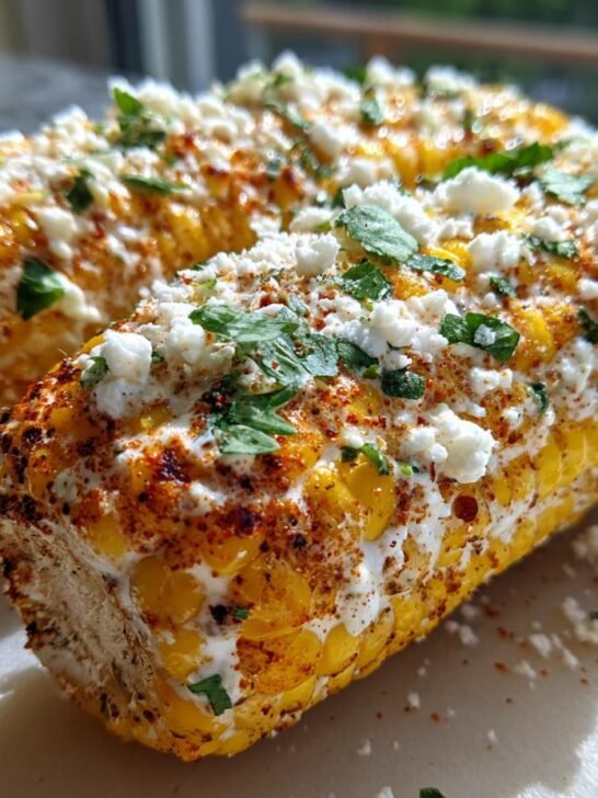 Close-up of two ears of Mexican street corn, generously topped with crema, crumbled cheese, chili powder, and cilantro.