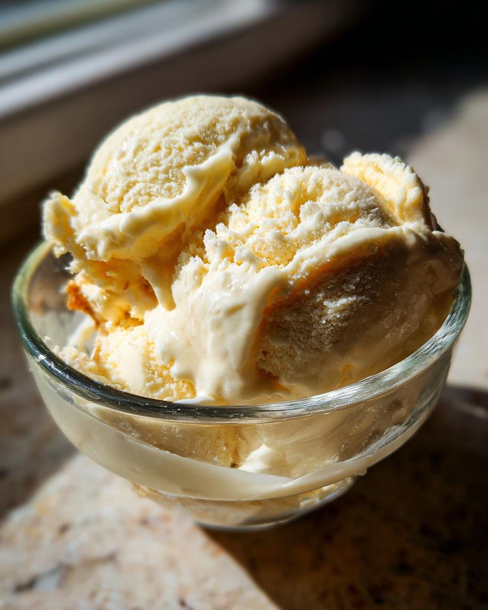 Close-up of creamy vanilla ice cream scoops in a glass bowl, a perfect example of Ninja Creami recipes.