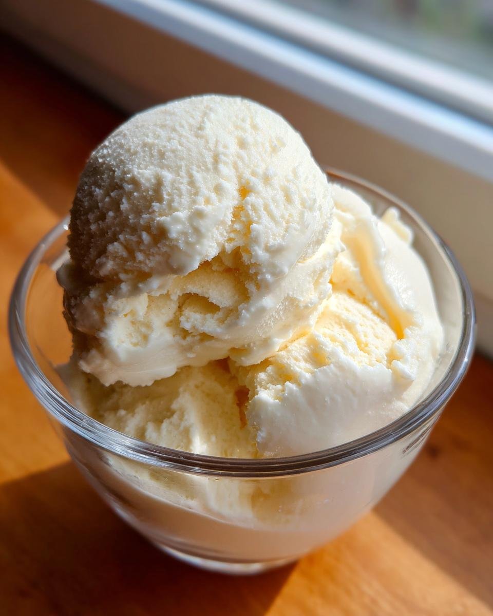 Two scoops of creamy vanilla ice cream in a glass bowl, a perfect example of Ninja Creami recipes.
