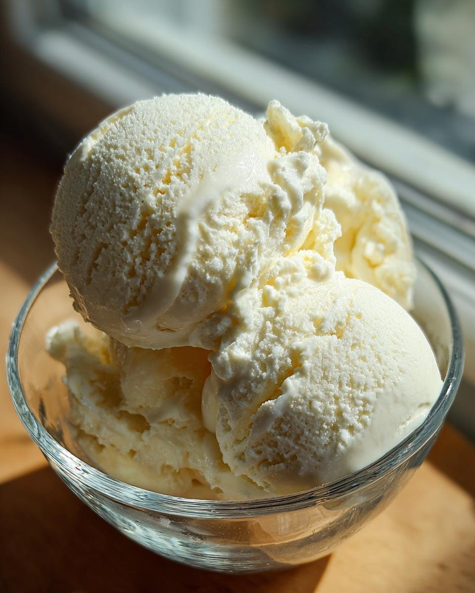 A clear glass bowl filled with scoops of creamy vanilla ice cream, a perfect example of Ninja Creami recipes.