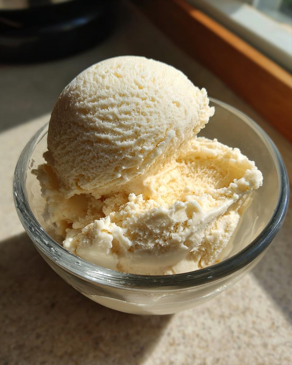 Two scoops of creamy vanilla ice cream in a clear glass bowl, a perfect Ninja Creami recipe.