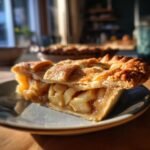 A close-up of a slice of old fashioned apple pie on a plate, showing flaky crust and apple filling.