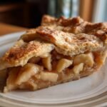 Close-up of a slice of old fashioned apple pie with a flaky crust and cinnamon-spiced apple filling on a plate.