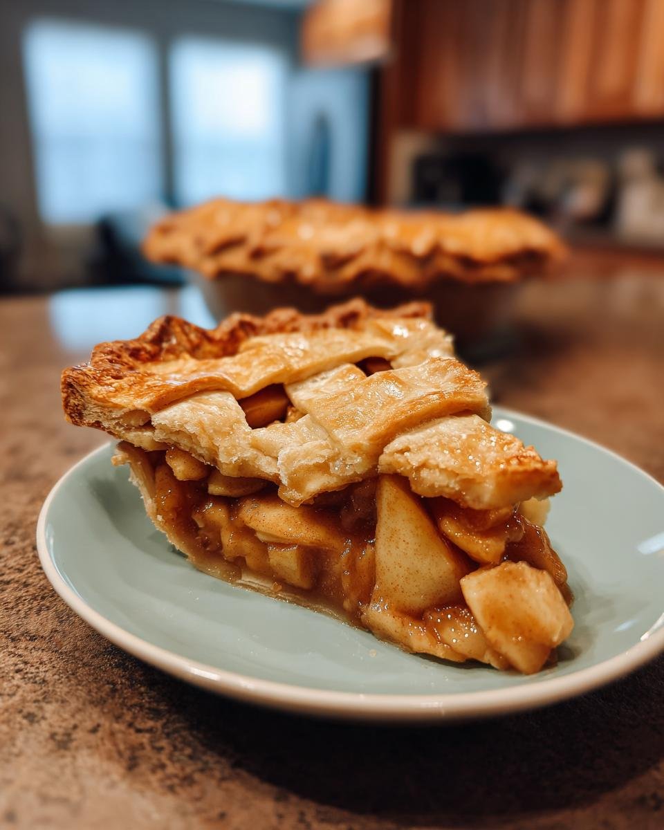 A delicious slice of old fashioned apple pie with a lattice crust, served on a light blue plate.
