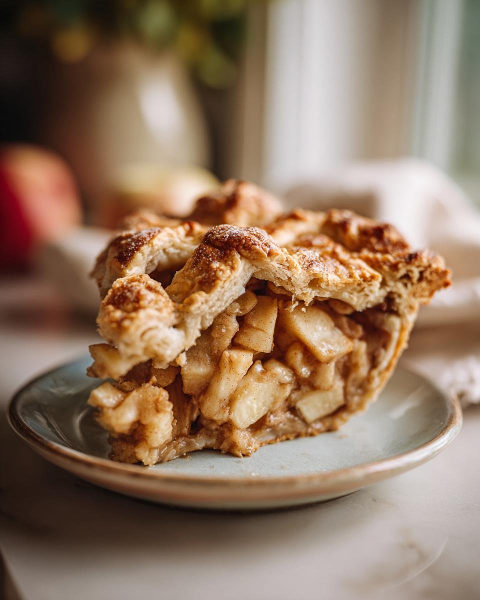 A close-up of a slice of old fashioned apple pie with a flaky crust and cinnamon-spiced apple filling.