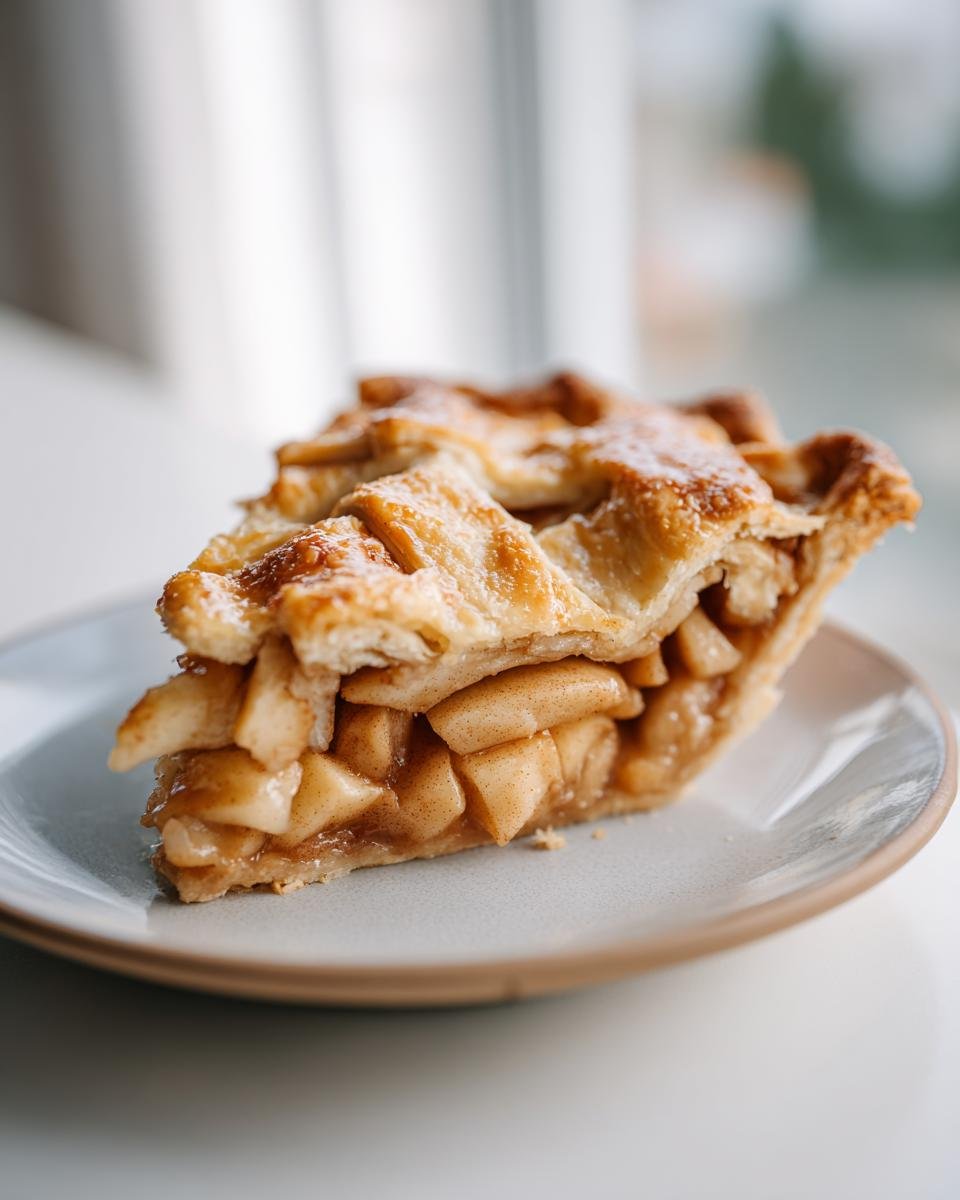 A delicious slice of old fashioned apple pie with a flaky crust and cinnamon-spiced apple filling.