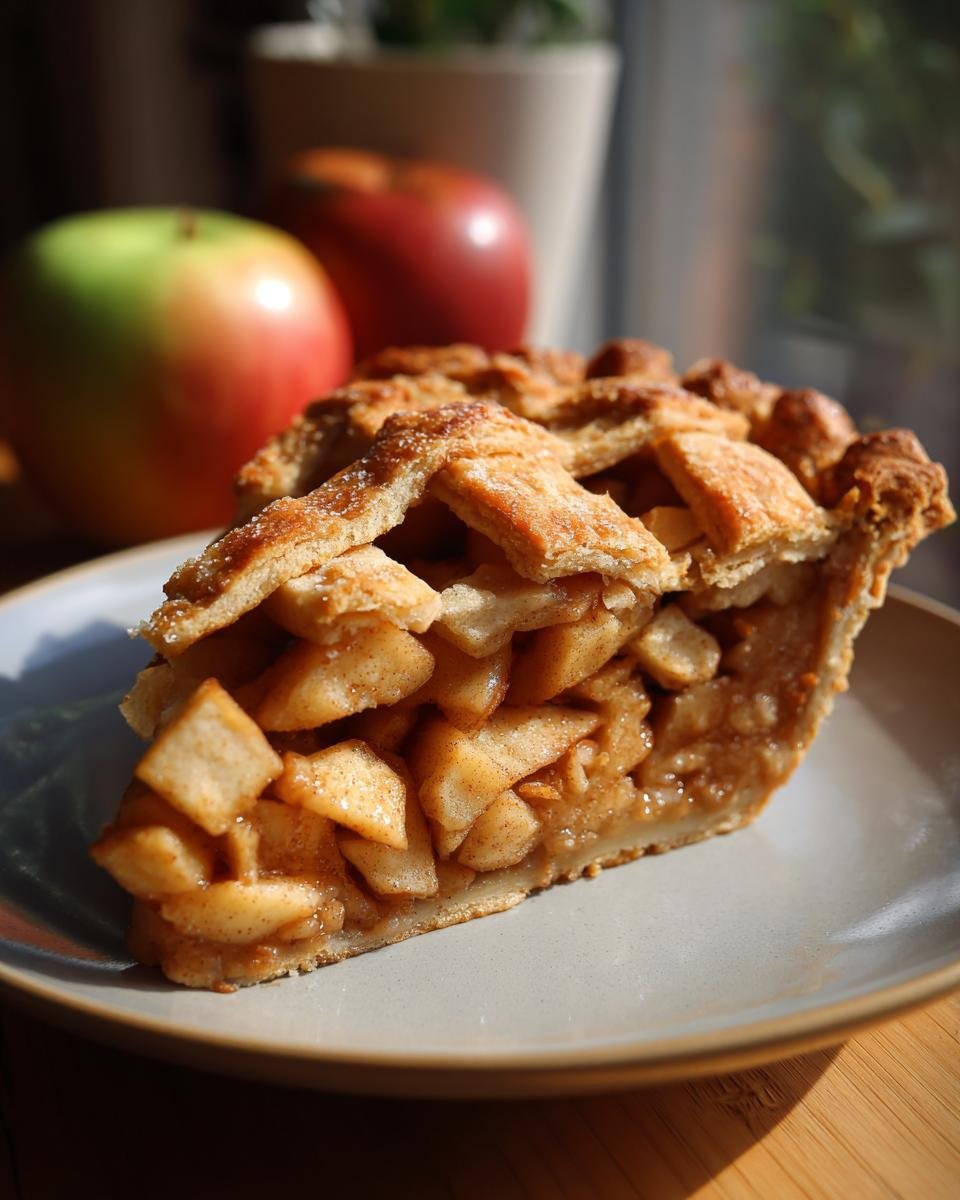A delicious slice of old fashioned apple pie with a lattice crust, filled with tender apple chunks and cinnamon.