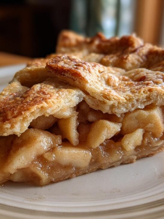 Close-up of a slice of old fashioned apple pie with a flaky crust and cinnamon-spiced apple filling on a plate.