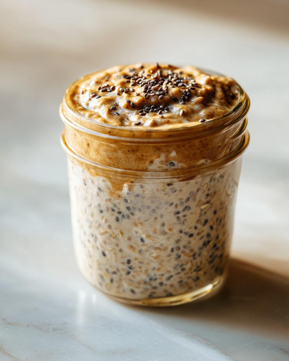 A close-up of an easy overnight oats recipe in a glass jar, topped with chia seeds.