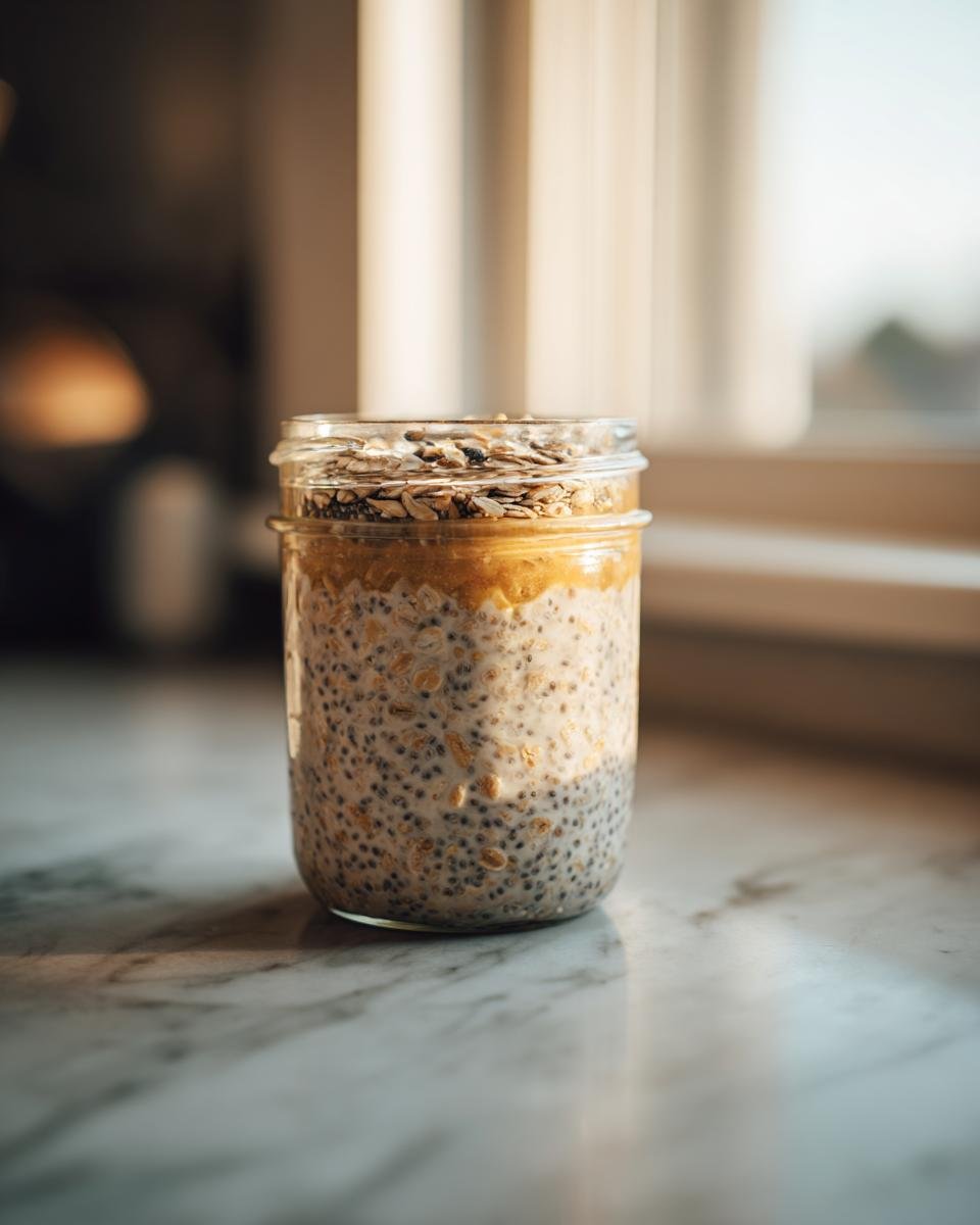 A mason jar filled with creamy overnight oats recipe, chia seeds, and topped with fruit puree and granola.
