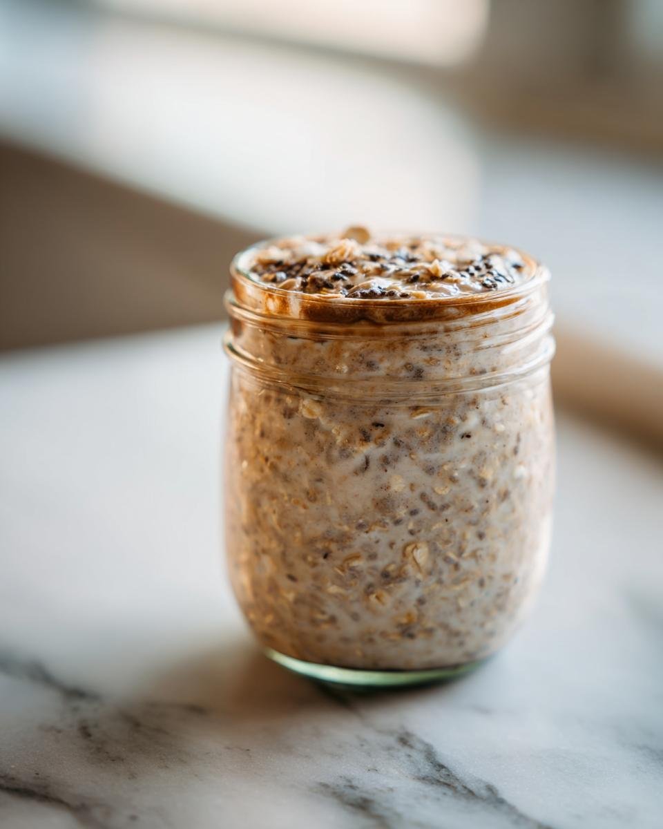 A close-up of a jar filled with creamy overnight oats recipe, topped with granola and chia seeds.