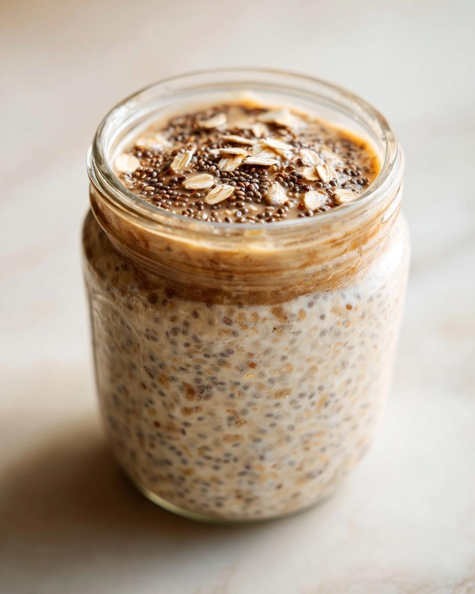 Close-up of an overnight oats recipe in a glass jar, topped with chia seeds and rolled oats.