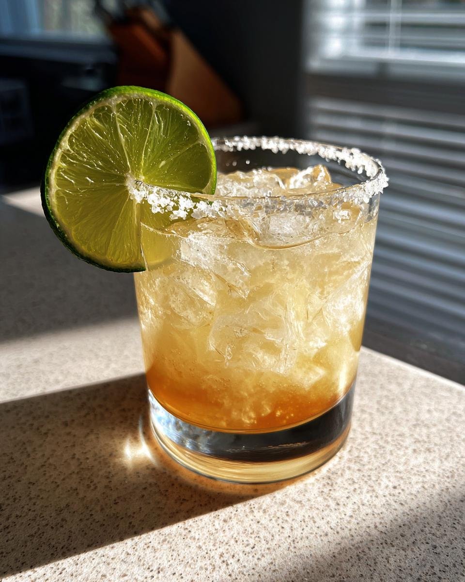 A close-up of a refreshing paloma recipe cocktail, garnished with a lime wedge and a salt rim.