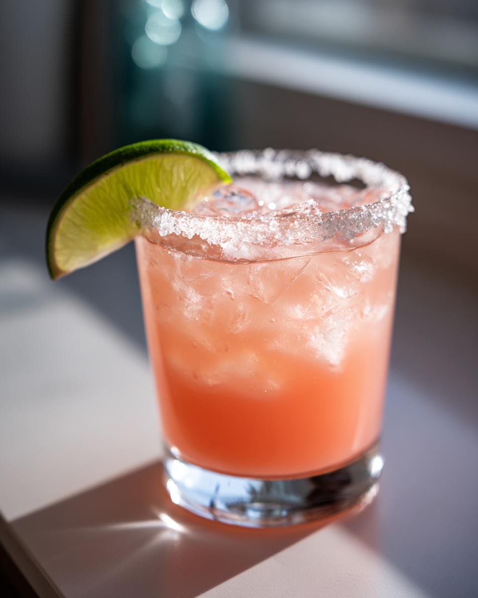 A close-up of a pink paloma recipe cocktail in a glass with a salted rim and lime wedge.