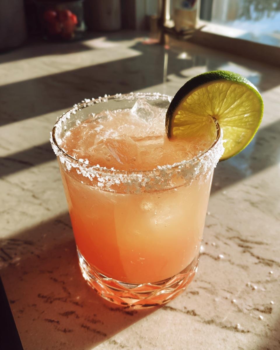 A close-up of a refreshing paloma recipe cocktail in a salt-rimmed glass, garnished with a lime wedge.