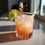 A close-up of a classic paloma recipe cocktail, garnished with a lime wedge and salt rim.