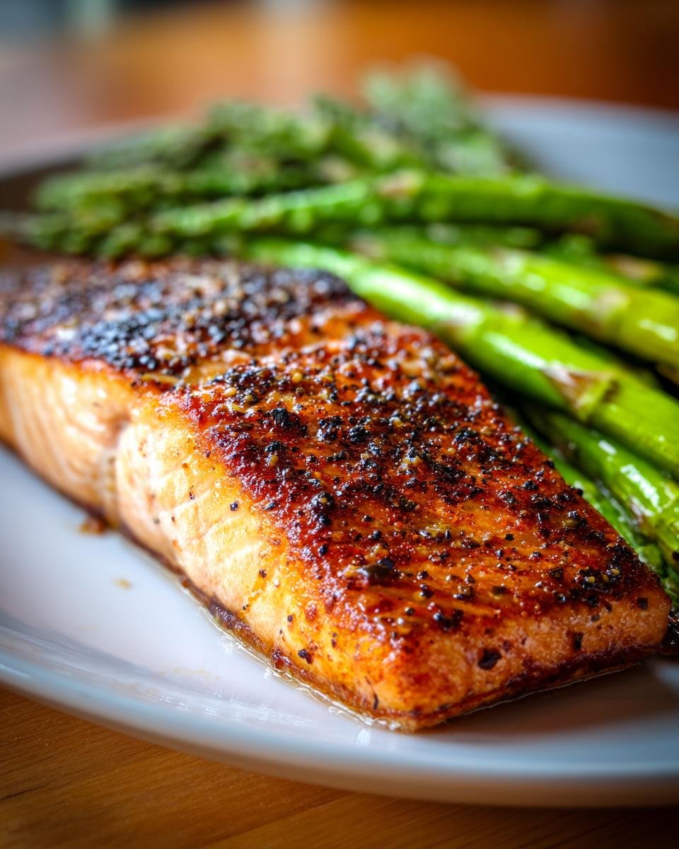A perfectly pan-seared salmon fillet seasoned with pepper, served with roasted asparagus, showcasing an easy dinner recipe.