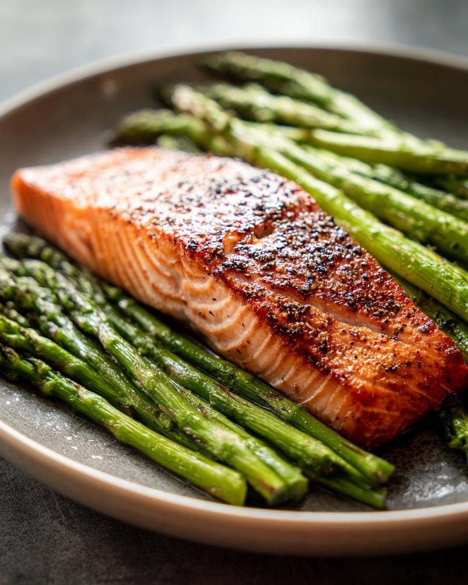 A perfectly pan-seared salmon fillet with asparagus, a delicious option for easy dinner recipes.