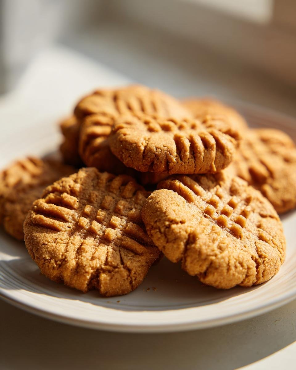 A pile of classic peanut butter cookies with fork marks on a white plate.