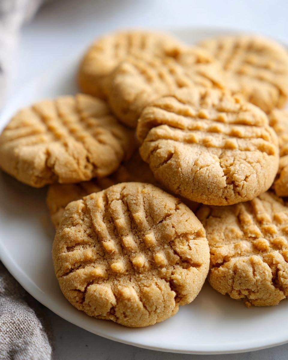 A close-up of a plate filled with freshly baked peanut butter cookies, showcasing the classic criss-cross fork marks.