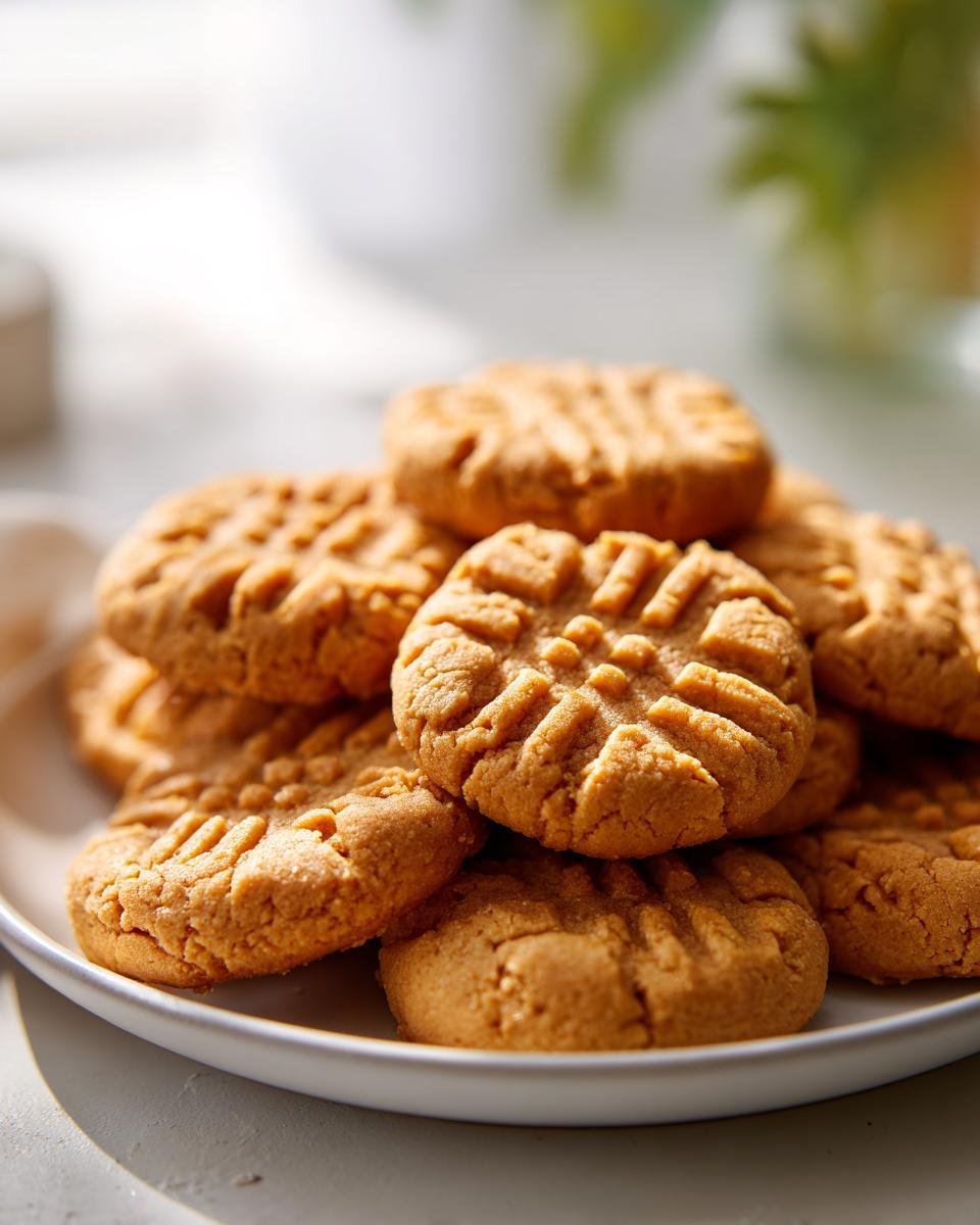 A close-up stack of freshly baked peanut butter cookies with classic fork marks.