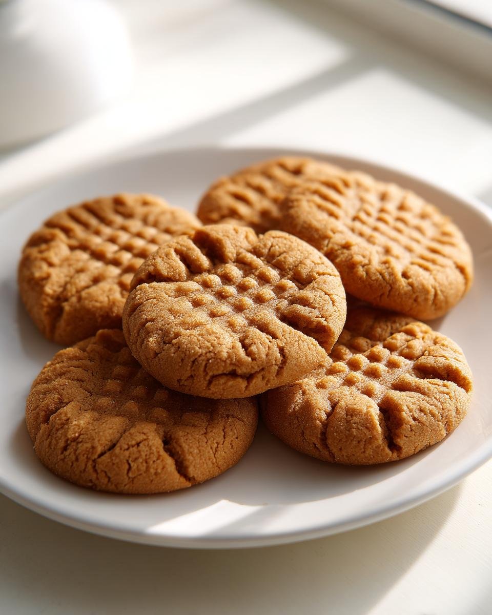 A stack of freshly baked peanut butter cookies with classic criss-cross fork marks on a white plate.