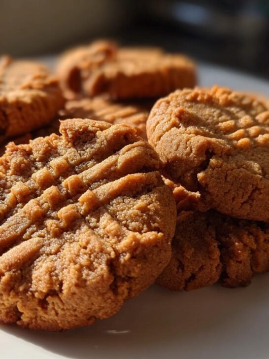 Close-up of a stack of freshly baked peanut butter cookies with classic fork marks.