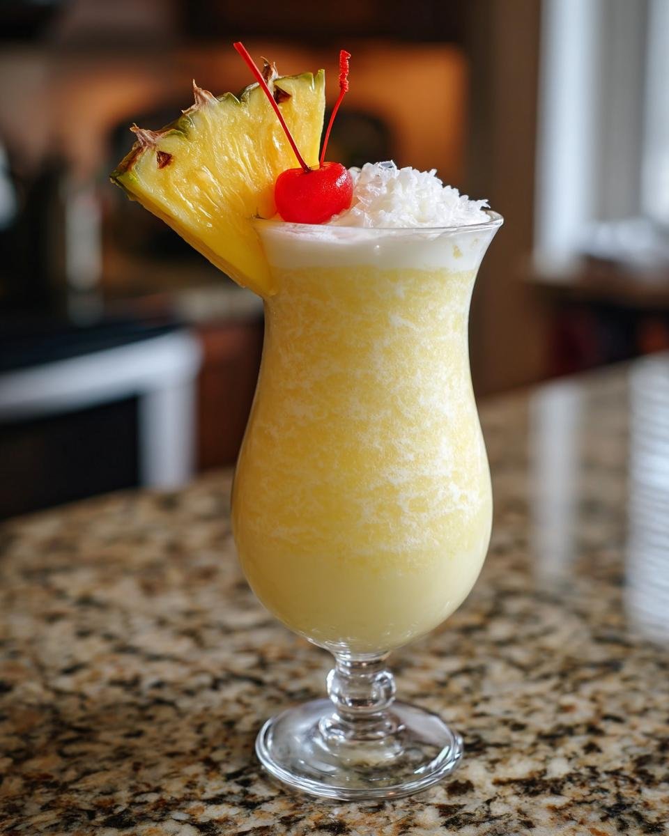 A delicious frozen pina colada recipe cocktail garnished with pineapple and a cherry.