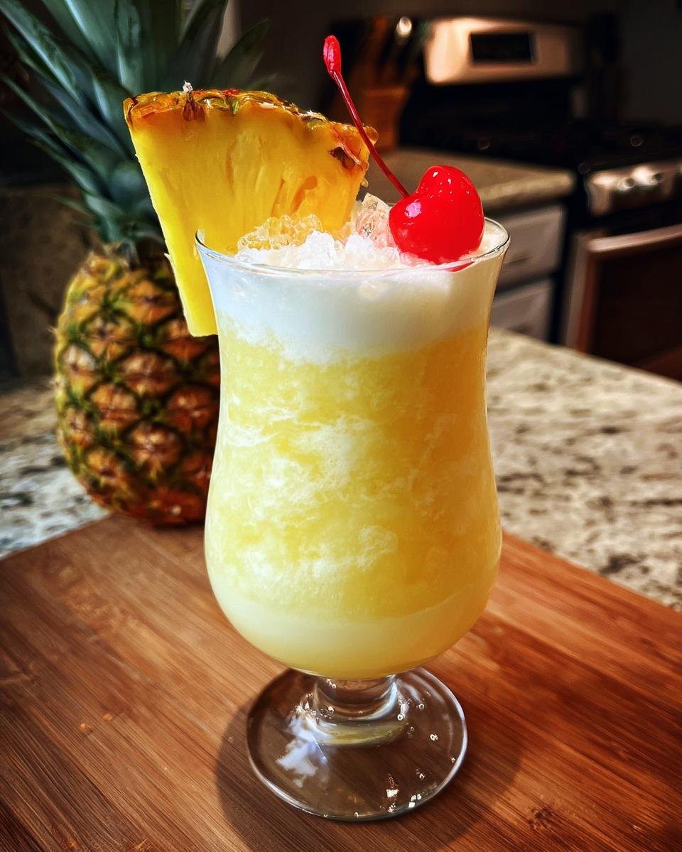 A delicious pina colada recipe cocktail garnished with a pineapple slice and maraschino cherry, served over crushed ice.