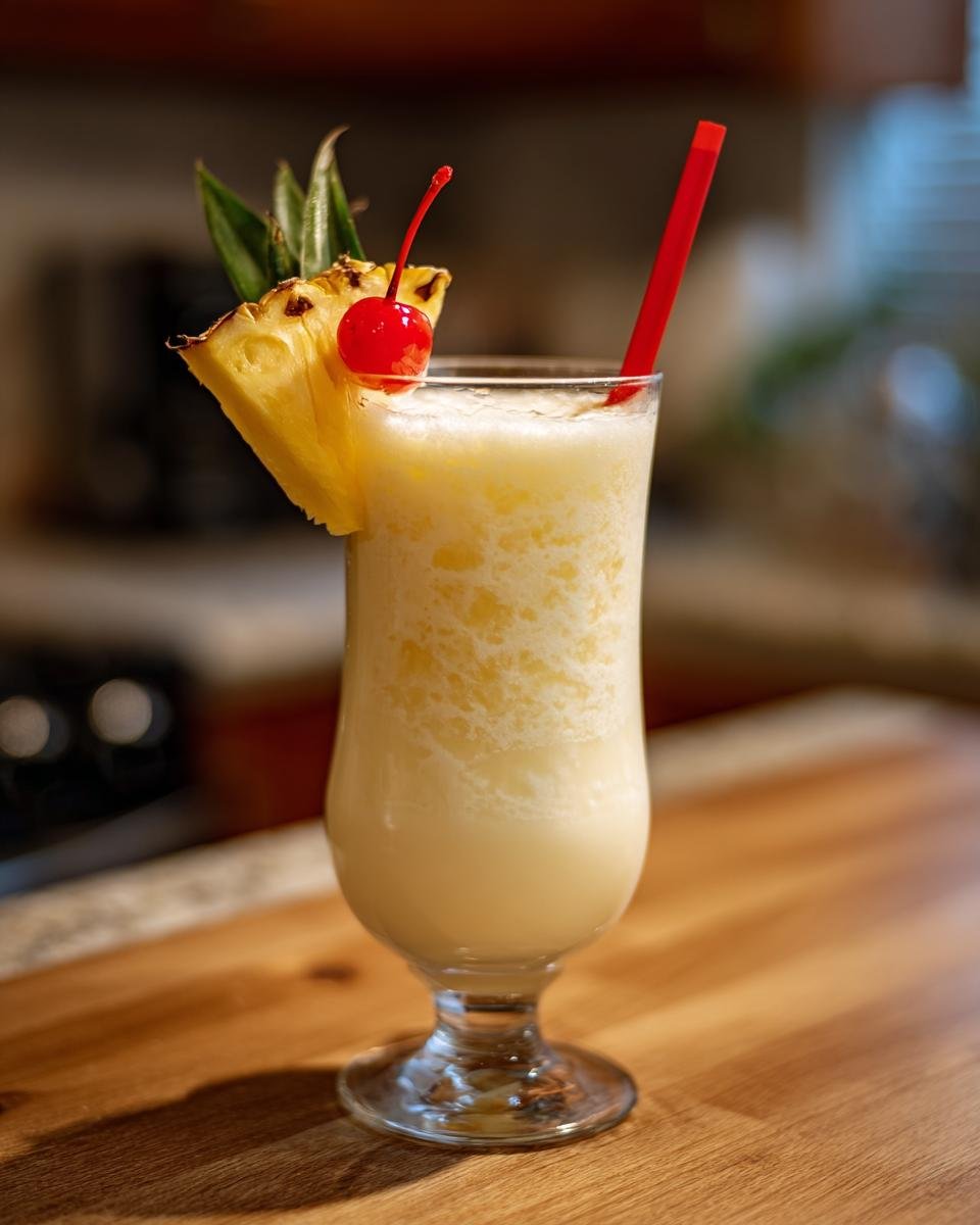 A frosty glass filled with a creamy pina colada recipe, garnished with a pineapple wedge and a maraschino cherry.