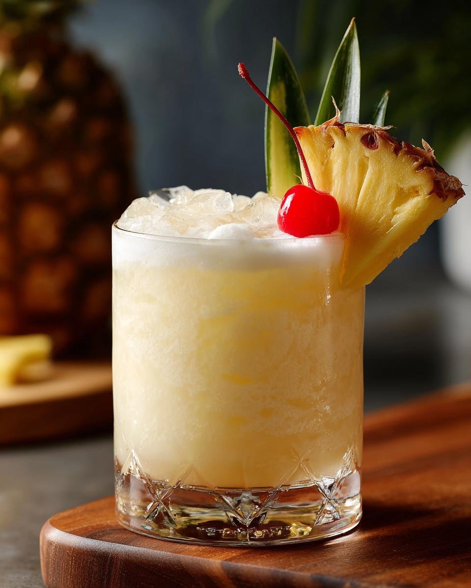 A classic Pina Colada recipe cocktail in a glass, garnished with pineapple and a cherry, served over crushed ice.