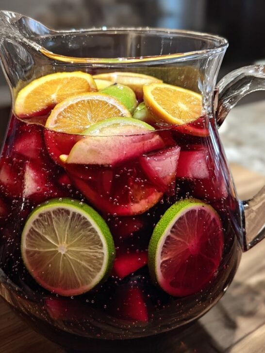 A clear glass pitcher filled with a vibrant red sangria recipe, packed with ice, orange slices, lime slices, and apple chunks.
