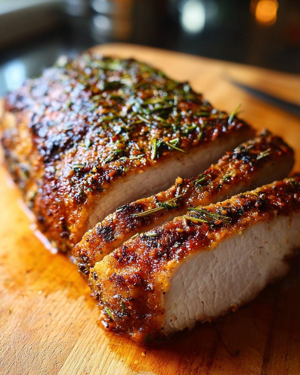 Close-up of a sliced pork loin roast, seasoned with herbs and spices, on a wooden cutting board.