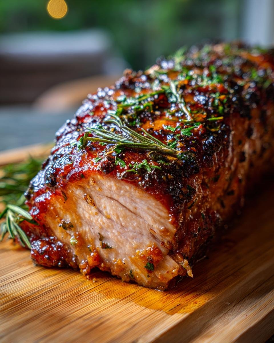 Close-up of a perfectly roasted pork loin, glistening with a glaze and sprinkled with fresh herbs and rosemary.