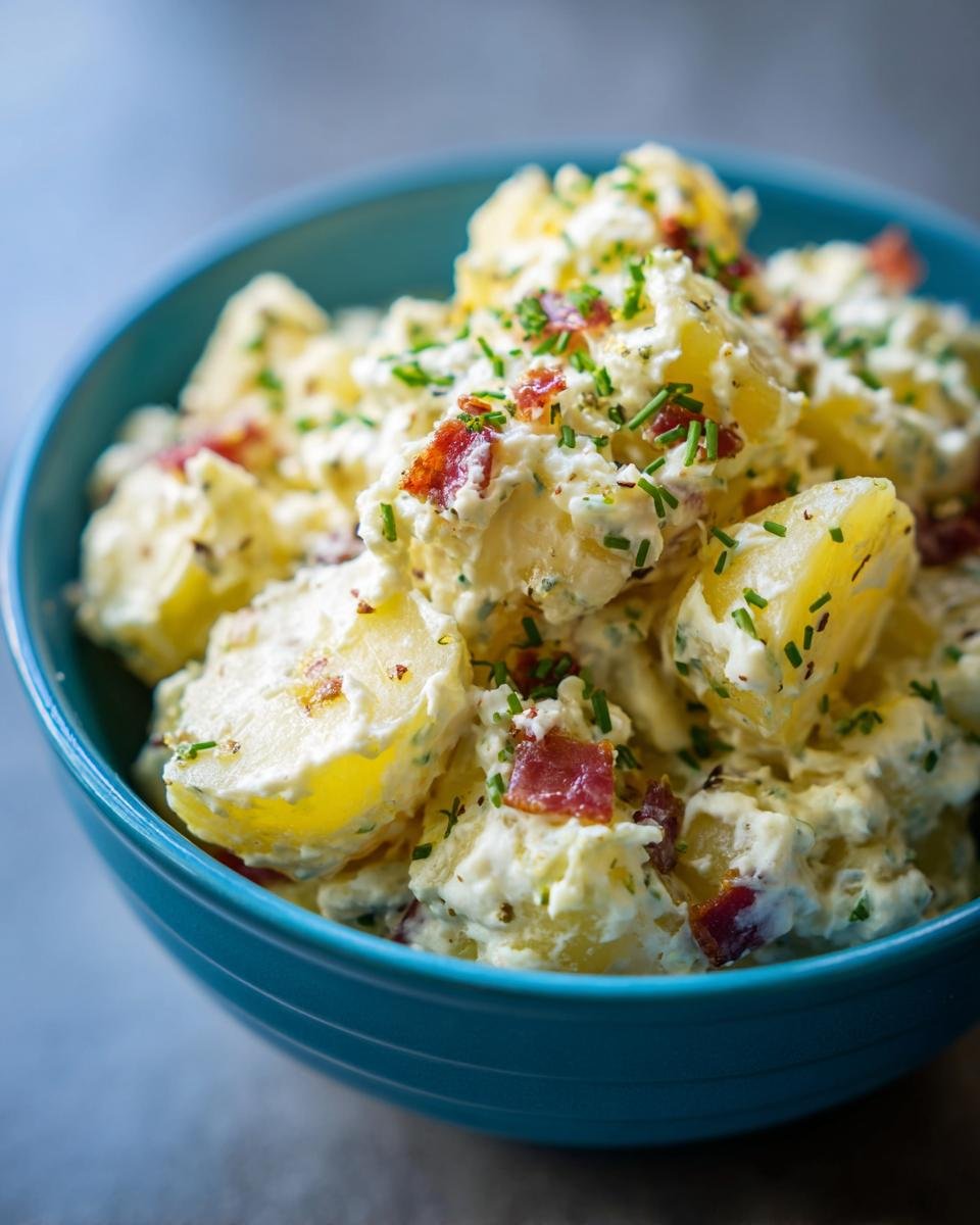 Close-up of a bowl filled with creamy potato salad recipe, topped with crispy bacon bits and fresh chives.