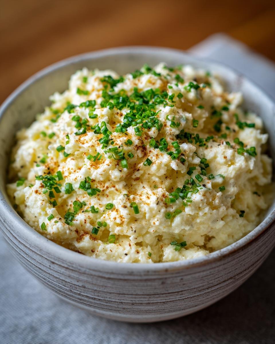 Close-up of a bowl filled with creamy potato salad recipe, topped with fresh chives and paprika.