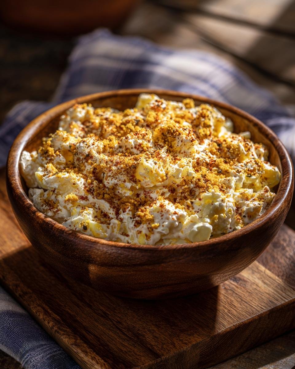 Close-up of a creamy potato salad recipe in a rustic wooden bowl, topped with crumbled egg and paprika.