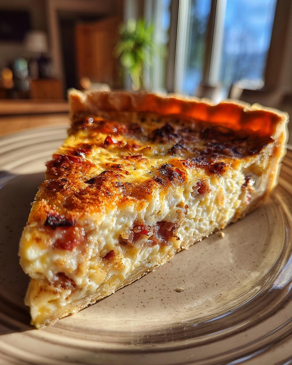 A close-up of a perfectly baked slice of bacon quiche on a plate, showcasing its creamy filling and golden-brown crust.