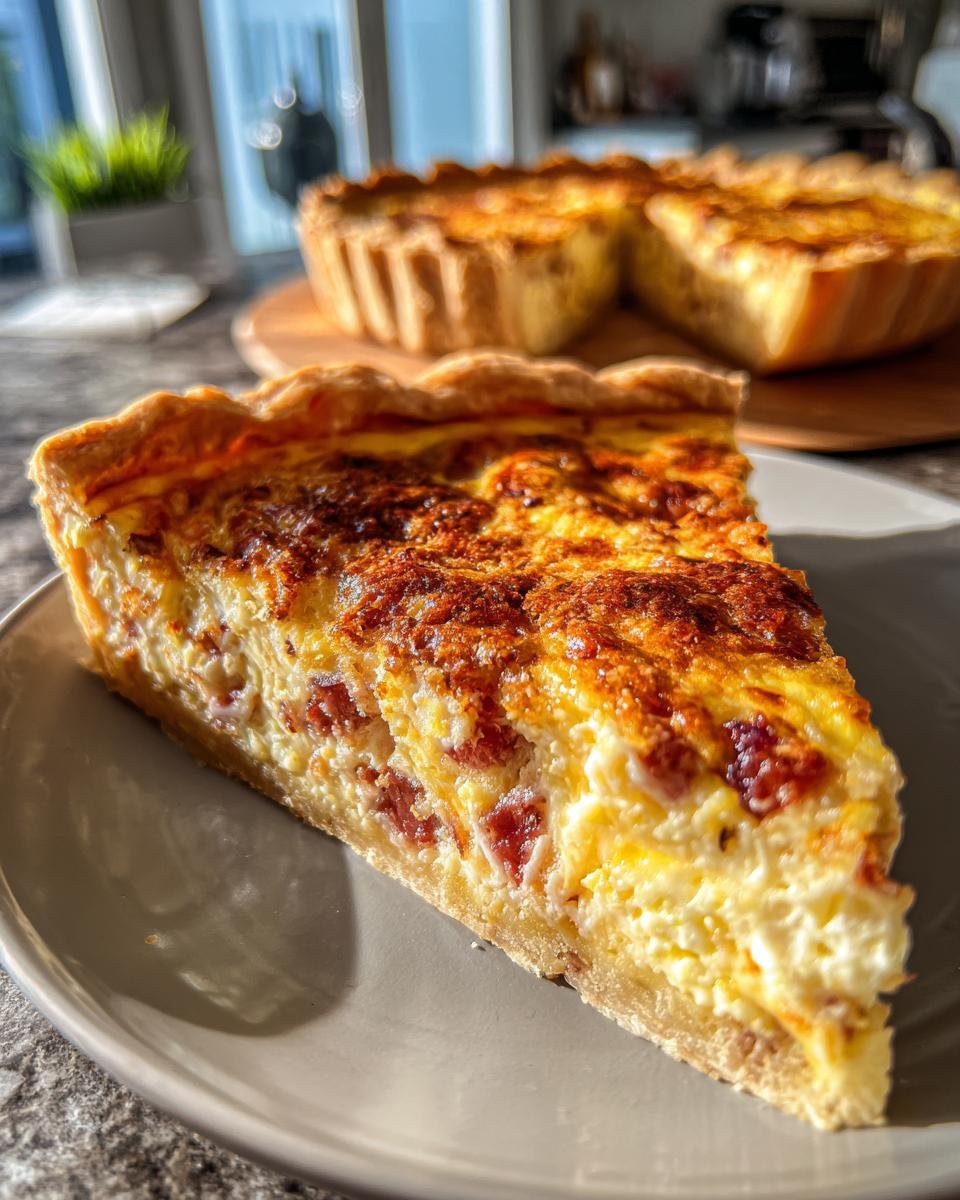 A close-up shot of a slice of quiche recipe on a plate, showcasing the flaky crust and creamy filling with visible bacon pieces.
