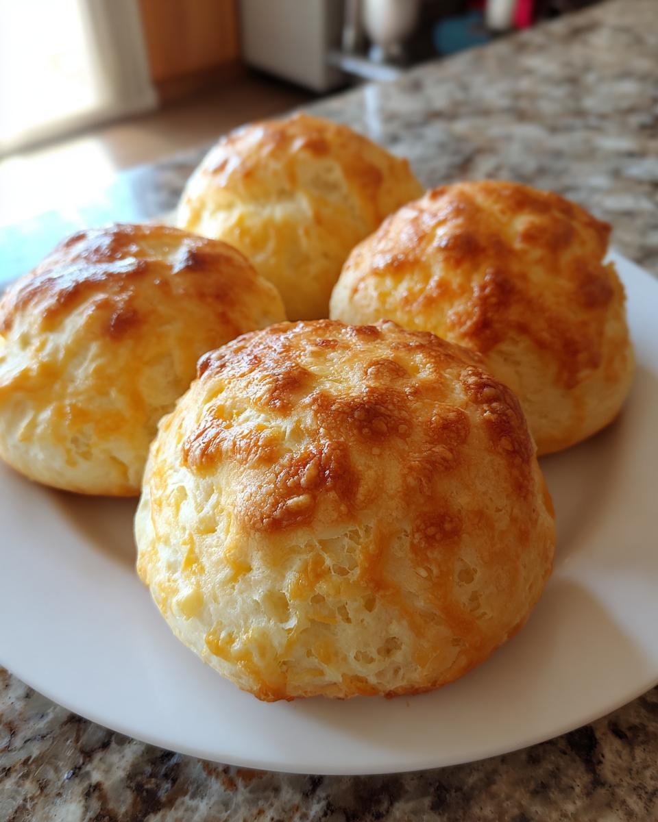 Four golden brown cottage cheese buns with a slightly crispy, cheesy top, arranged on a white plate.