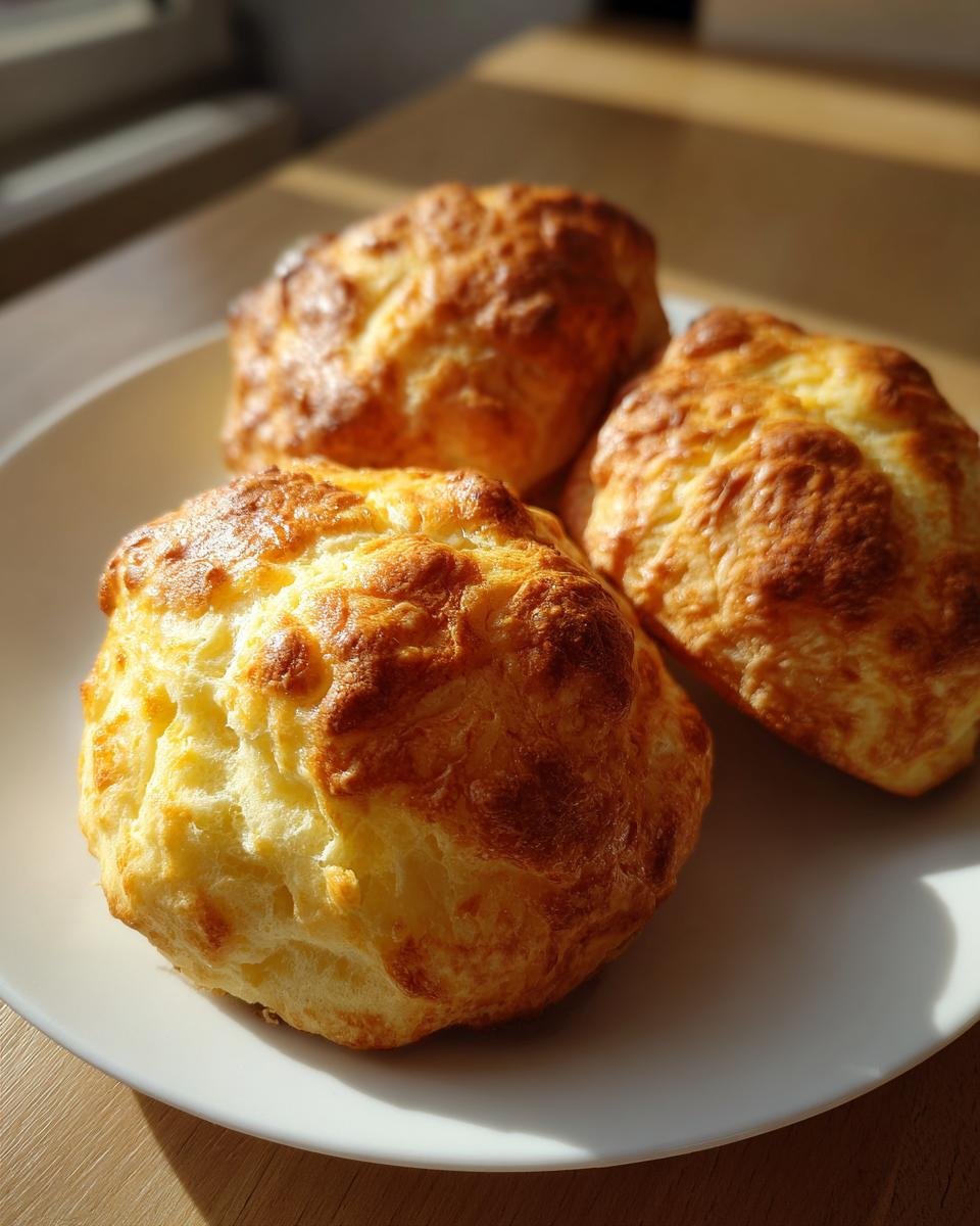 Three golden-brown cottage cheese buns on a white plate, ready to be enjoyed.