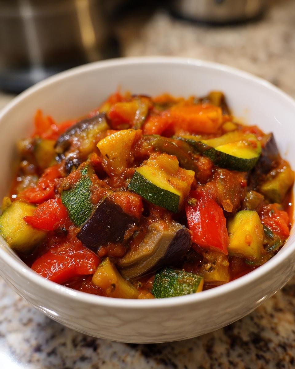 A close-up of a white bowl filled with a vibrant ratatouille recipe, showcasing chunks of zucchini, eggplant, bell peppers, and tomatoes.