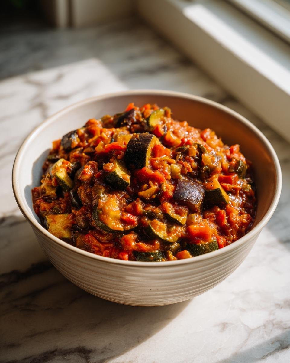 A close-up of a rustic bowl filled with a vibrant ratatouille recipe, showcasing tender zucchini, eggplant, and tomatoes.