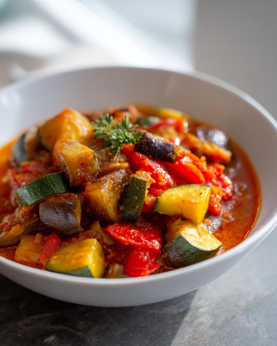 A close-up of a white bowl filled with a vibrant ratatouille recipe, showcasing chunks of zucchini, eggplant, and red bell peppers in a rich tomato sauce.