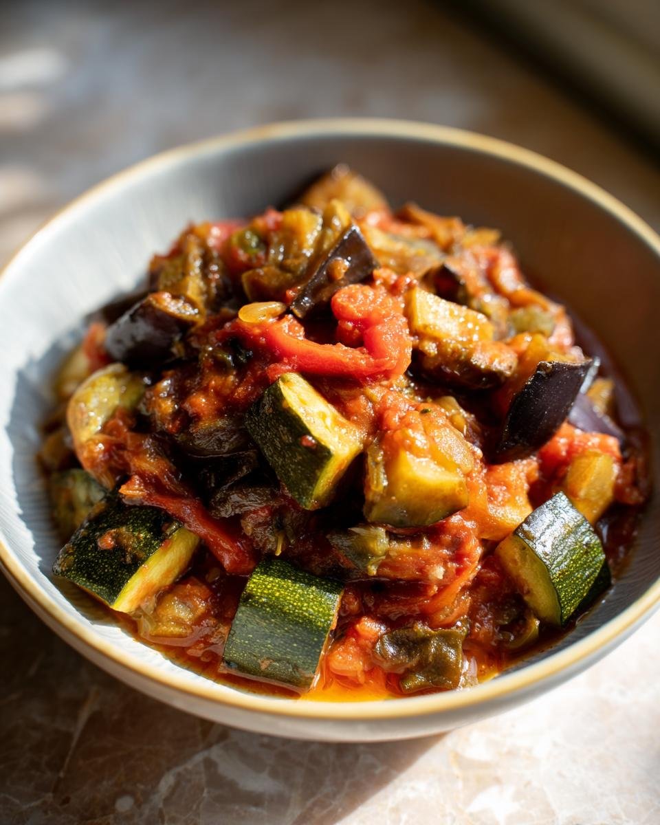 Close-up of a bowl filled with a vibrant ratatouille recipe, featuring chunks of zucchini, eggplant, and tomatoes.