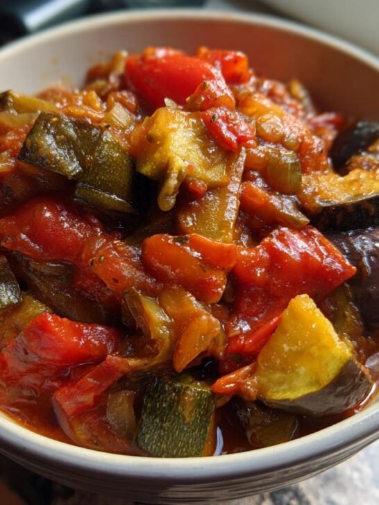 Close-up of a rustic bowl filled with a vibrant ratatouille recipe, featuring tender chunks of eggplant, zucchini, tomatoes, and bell peppers.