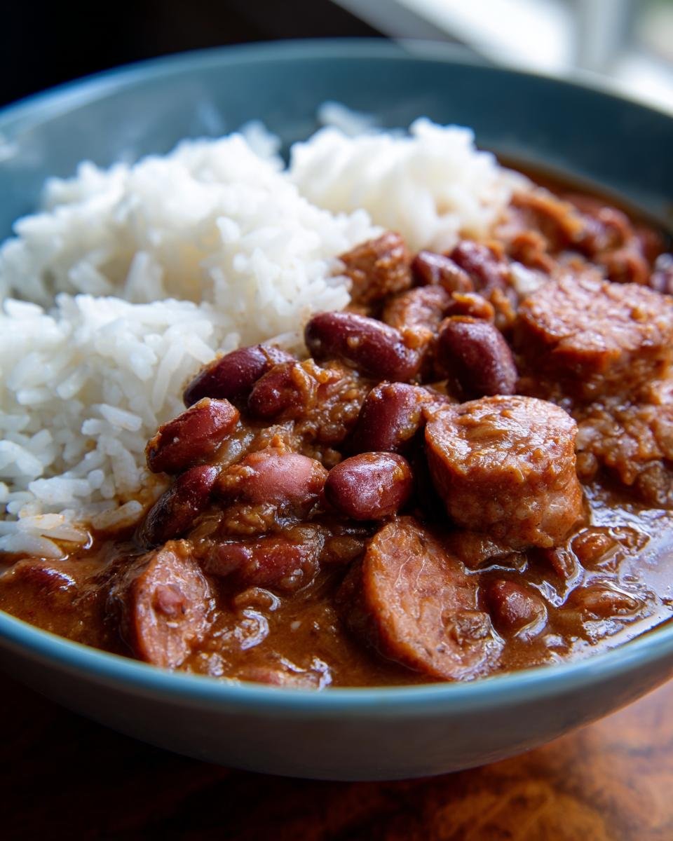 Close-up of a hearty bowl of red beans and rice recipe with sliced sausage.