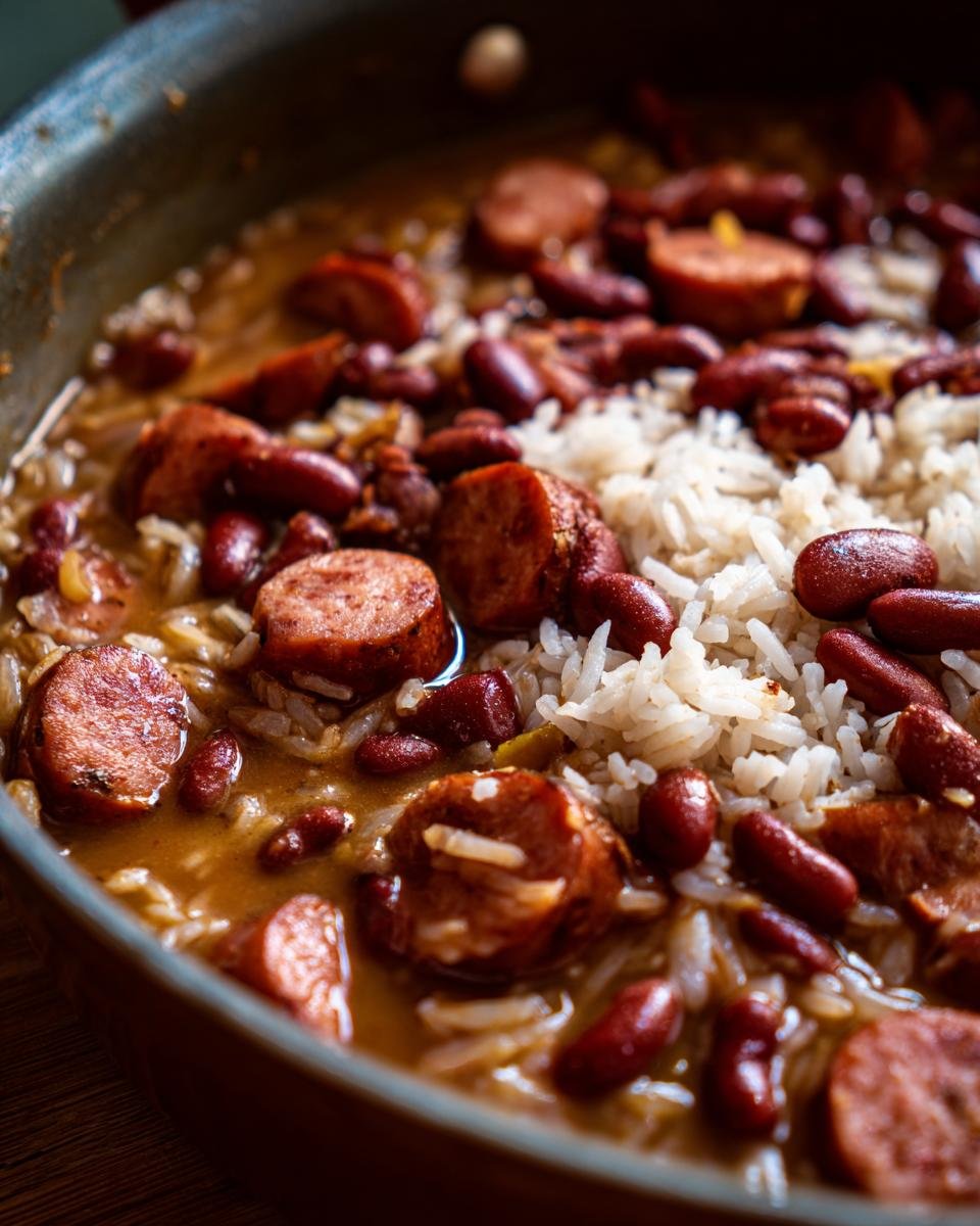 Close-up of a pan filled with a delicious red beans and rice recipe, featuring tender red beans, fluffy white rice, and sliced smoked sausage.