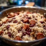 Close-up of a pan filled with a delicious red beans and rice recipe, featuring tender red beans and fluffy rice mixed with sliced sausage.